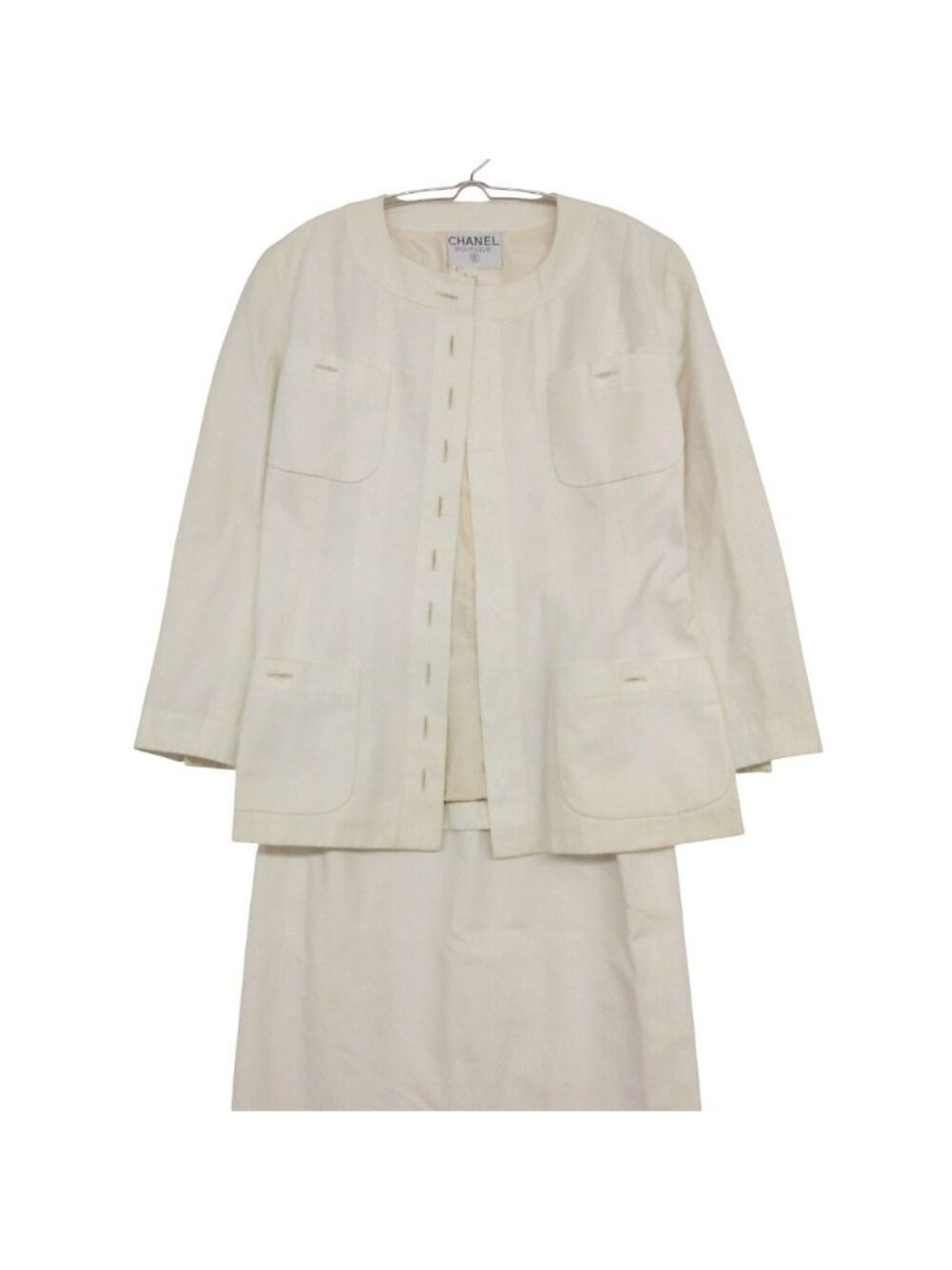 Chanel Suit Vintage Skirt Set Long Jacket CC Logo Lining Off White